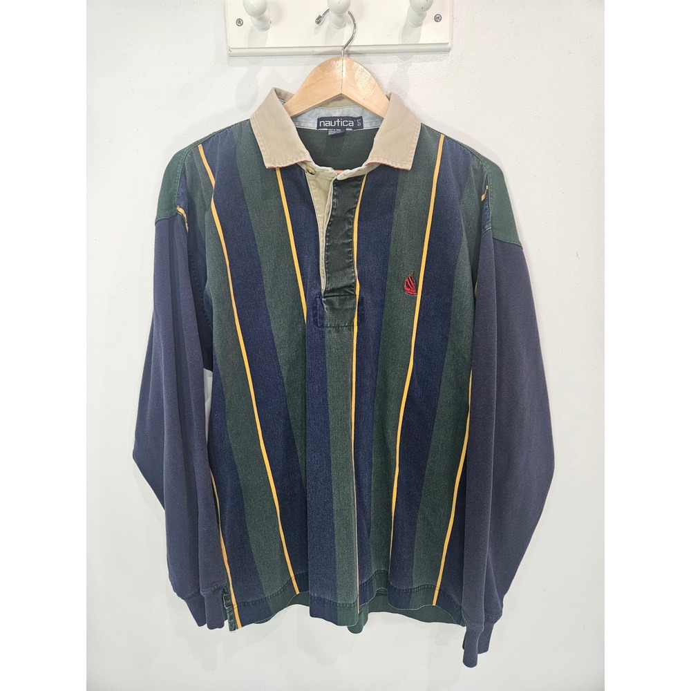 Nautica Mens Large Rugby Shirt Long Sleeve Striped Green Navy Blue Cotton L